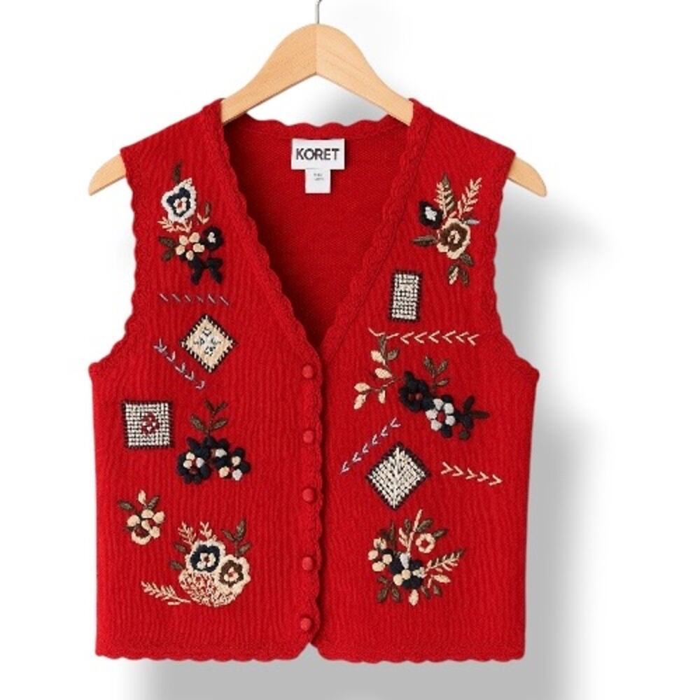 Vintage Red Embroidered Knit Sweater Vest Floral Cottagecore Medium Plaid Floral